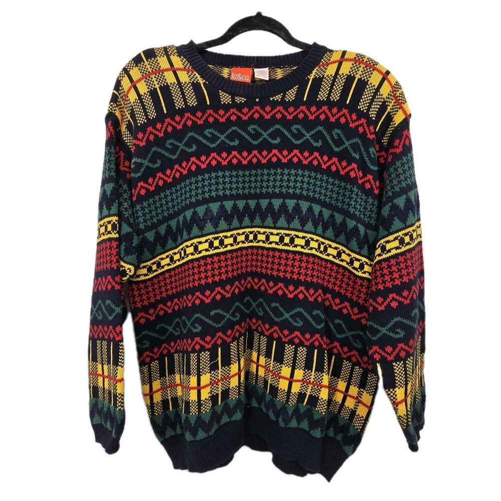 Vintage 90s Y2K Liz & Co  Chunky Sweater Womens LG Colorful Stripe Artsy Grandpa